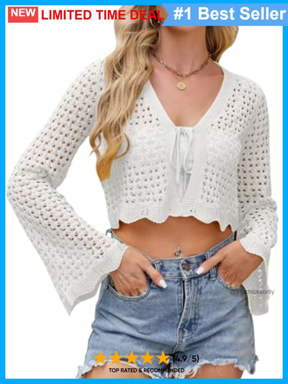 Crochet Tie Front Cardigan Cropped Knit Bolero Shrug Bell Sleeve
